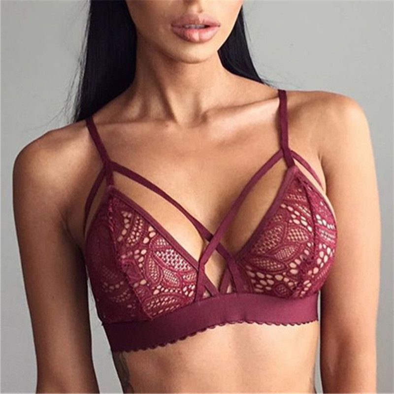 Women Cross Bandage Crop Tank Top Floral Sheer Lace Bra Seamless Bralette Bustier fitness body building invisible fly bra FZ-16