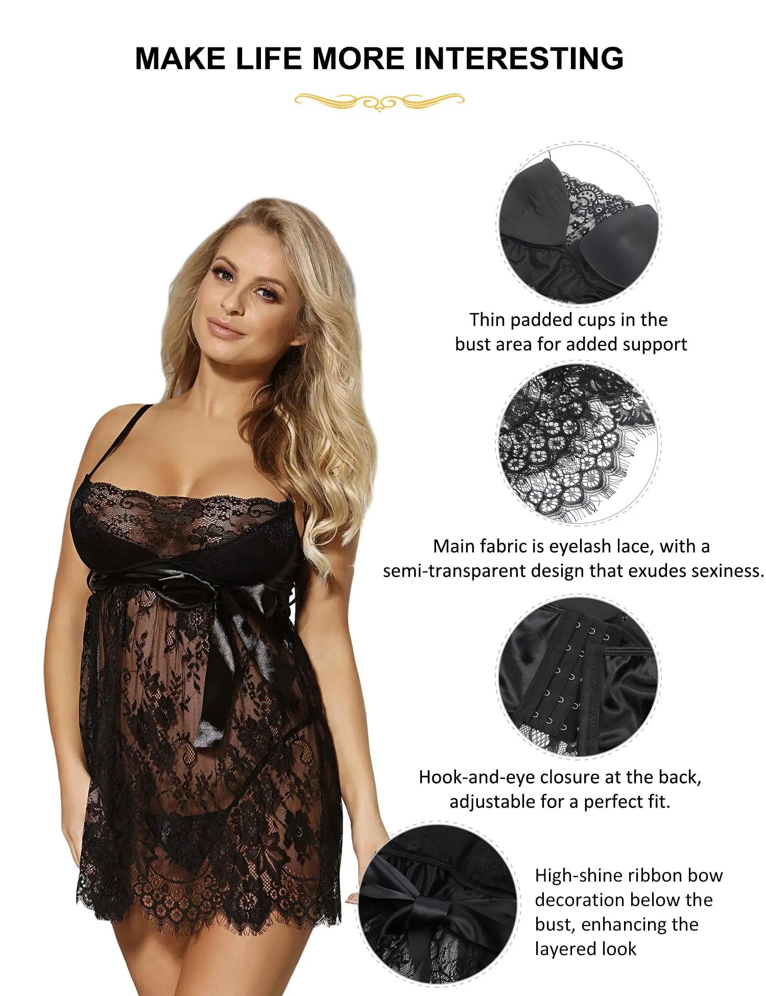 Sexy Babydoll Lingerie Erotic Women Black Lace Plus Size Costume Sleepwear Dress Transparent Hollow-out Chemise Underwear FZ-103-1