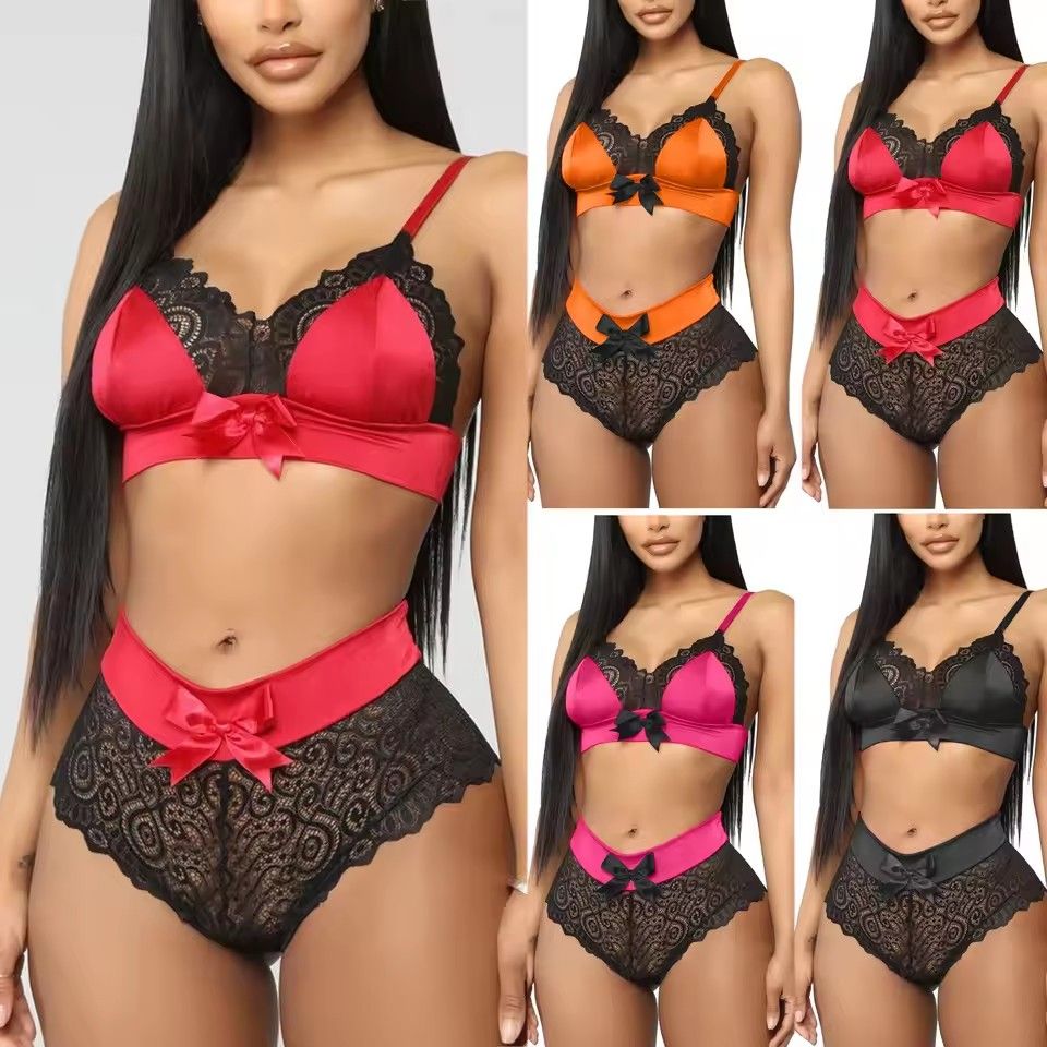 Red Satin Bowknot Bra Set Women Lace Floral Nightwear Sexy Lingerie Set Seamless Push Up Bra Panties Set Sexy Crop Top Underwear FZ-323