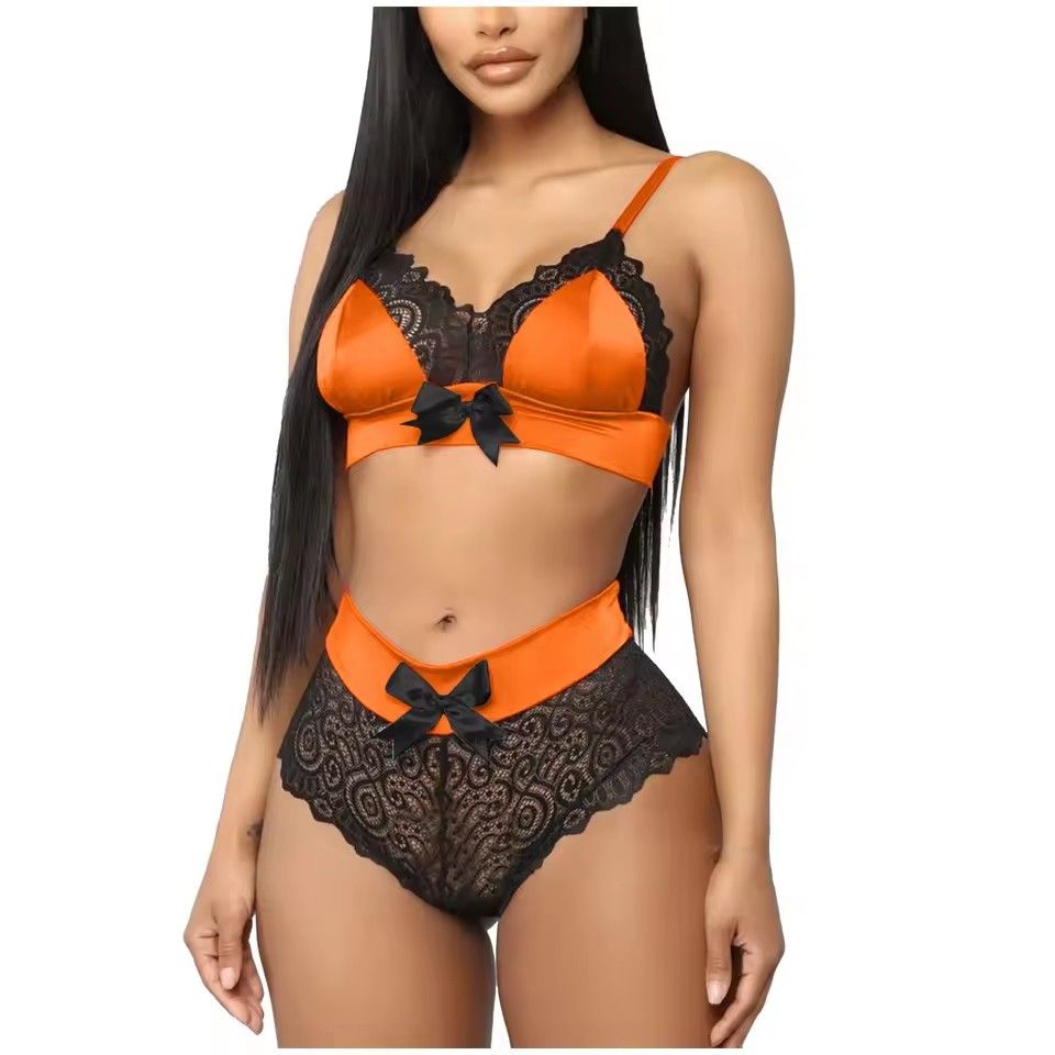 Red Satin Bowknot Bra Set Women Lace Floral Nightwear Sexy Lingerie Set Seamless Push Up Bra Panties Set Sexy Crop Top Underwear FZ-323