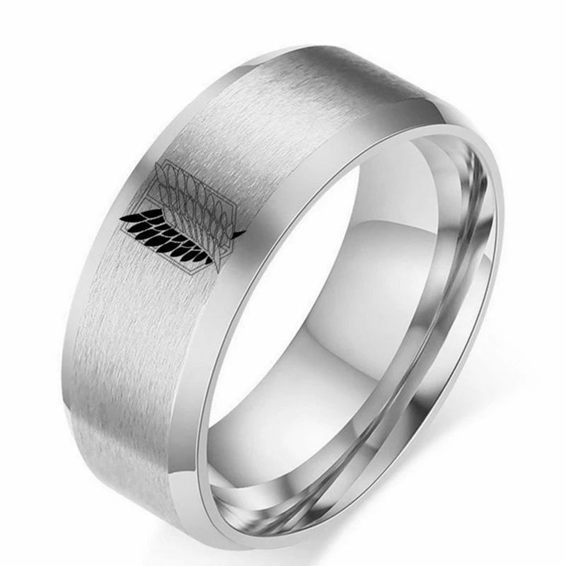 8mm Attack on Titan Black sliver Stainless Steel Ring Wings Of Liberty Flag Finger Rings For Men Women Jewelry Anime Fans A-1490-1