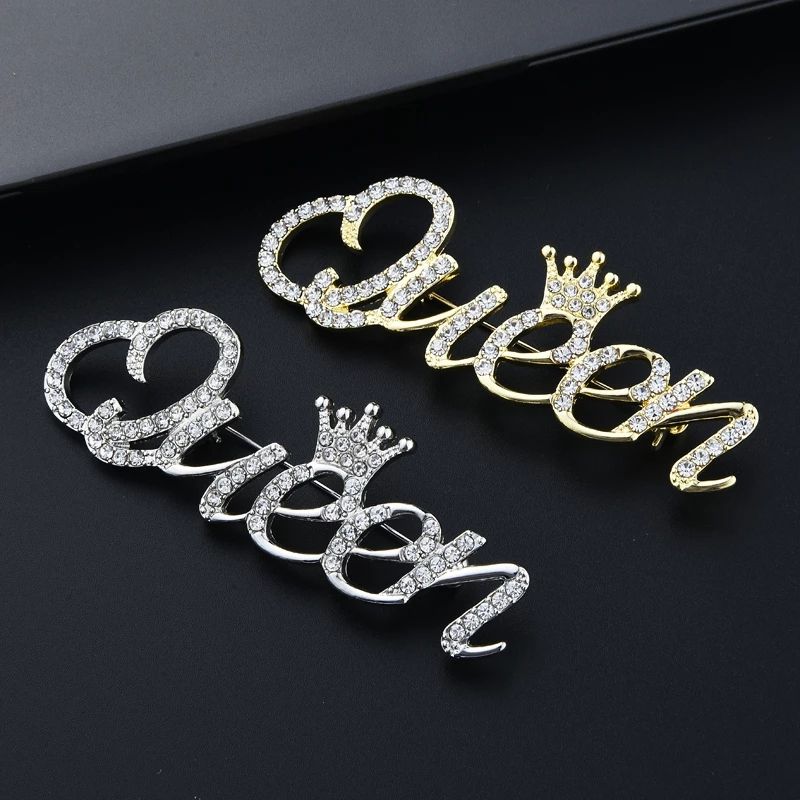 Rhinestone Queen Brooches For Women 2-color Crown Letters Pary Office Brooch Pins GiftsA-1538
