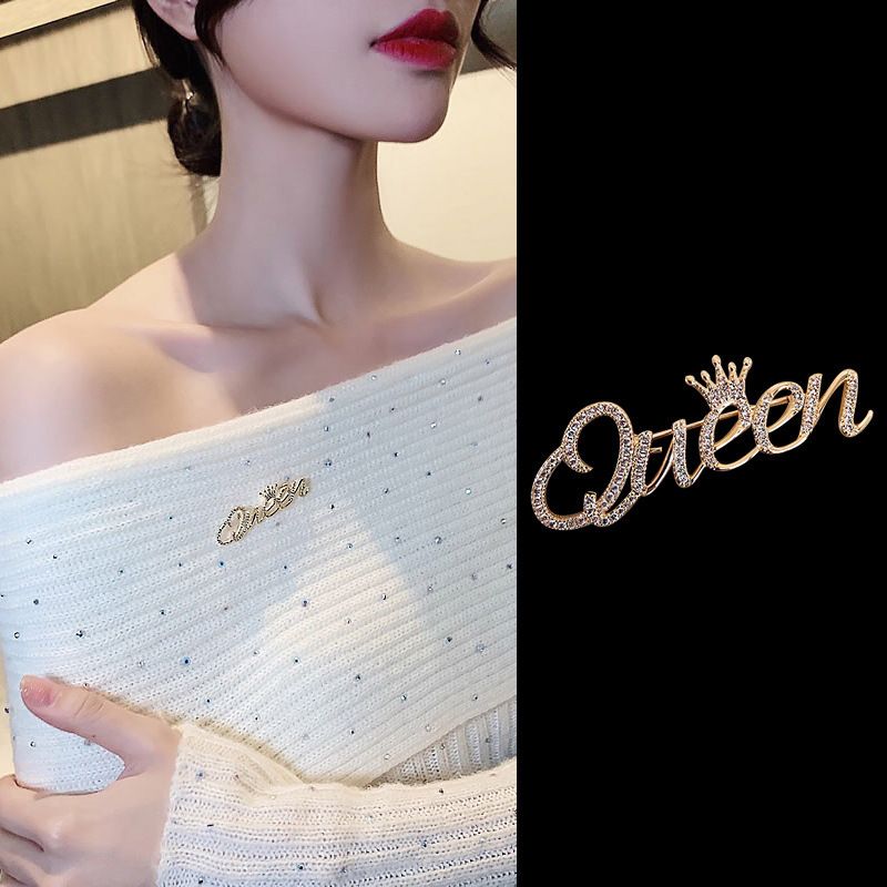 Rhinestone Queen Brooches For Women 2-color Crown Letters Pary Office Brooch Pins GiftsA-1538