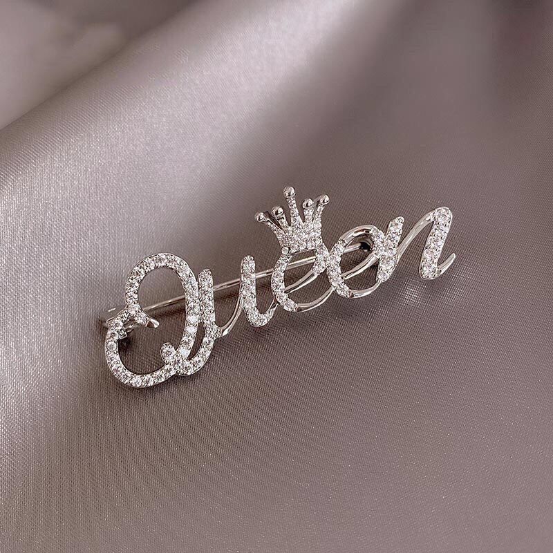 Rhinestone Queen Brooches For Women 2-color Crown Letters Pary Office Brooch Pins GiftsA-1538