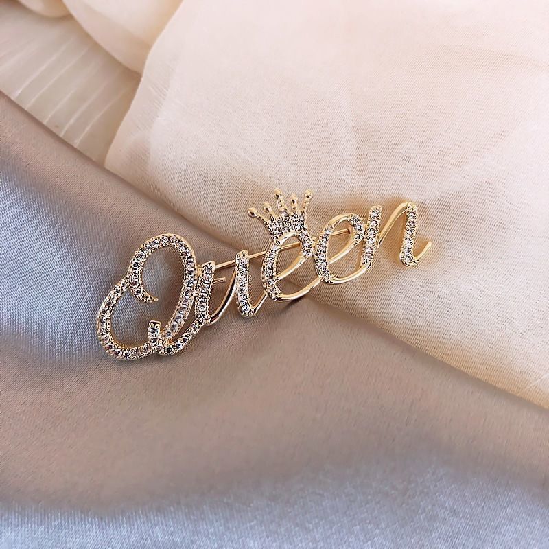 Rhinestone Queen Brooches For Women 2-color Crown Letters Pary Office Brooch Pins GiftsA-1538