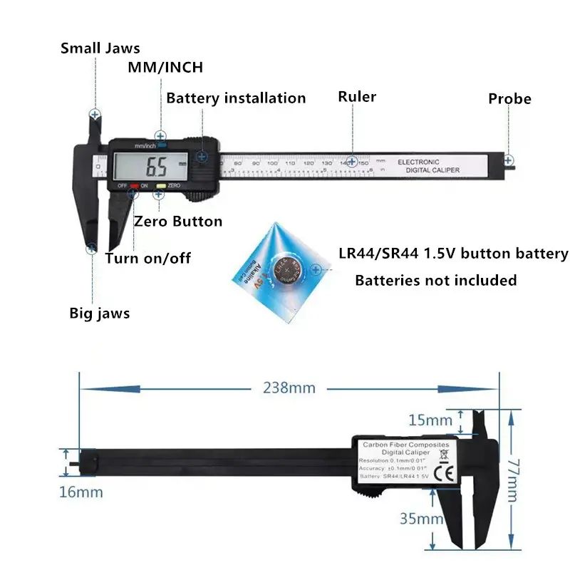 150mm Metal Caliper Digital Pachometer Professional Vernier Caliber Measuring Tools Woodworking Thickness Gauge Depth Electronic C-238