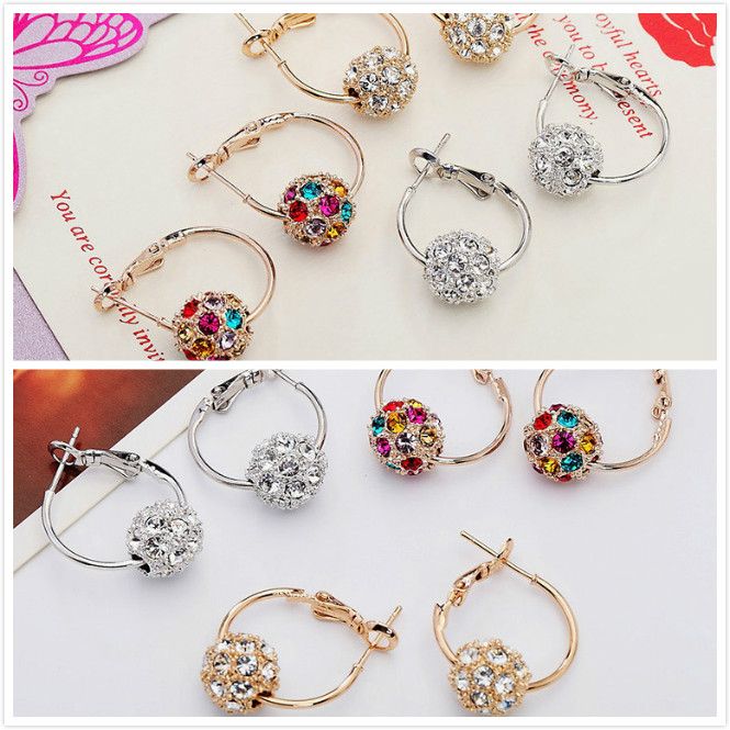 Women's Gold 7-color Water Drill Ball Ear Fashion Turn Dribble Geometric Loop Earrings A-1132