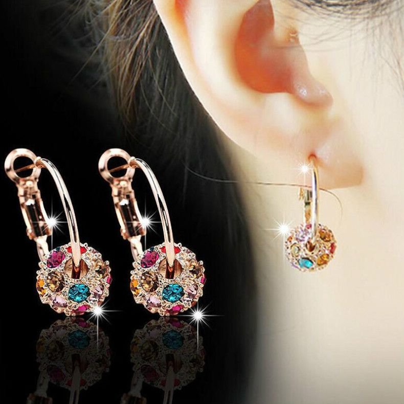 Women's Gold 7-color Water Drill Ball Ear Fashion Turn Dribble Geometric Loop Earrings A-1132
