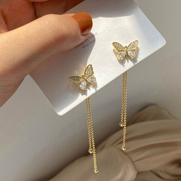 S925 Silver Needle A Two-wear Butterfly Earrings Super Fairy Tassel Long Earrings Summer Fresh Earrings  A-1150
