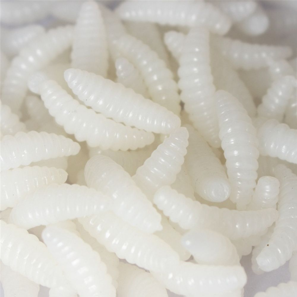 50pcs/bag 2cm Maggot Grub Soft Fishing Lure Hooks Smell Worms Glow Shrimps Fish Lures Fake Earthworm Bait &E-1039