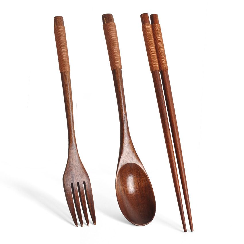 3pcs Natural Wood Spoon Chopsticks And Fork Dinner Set Rice Soup Tableware Grain Handmade Household Tableware Cutlery Set E-1164