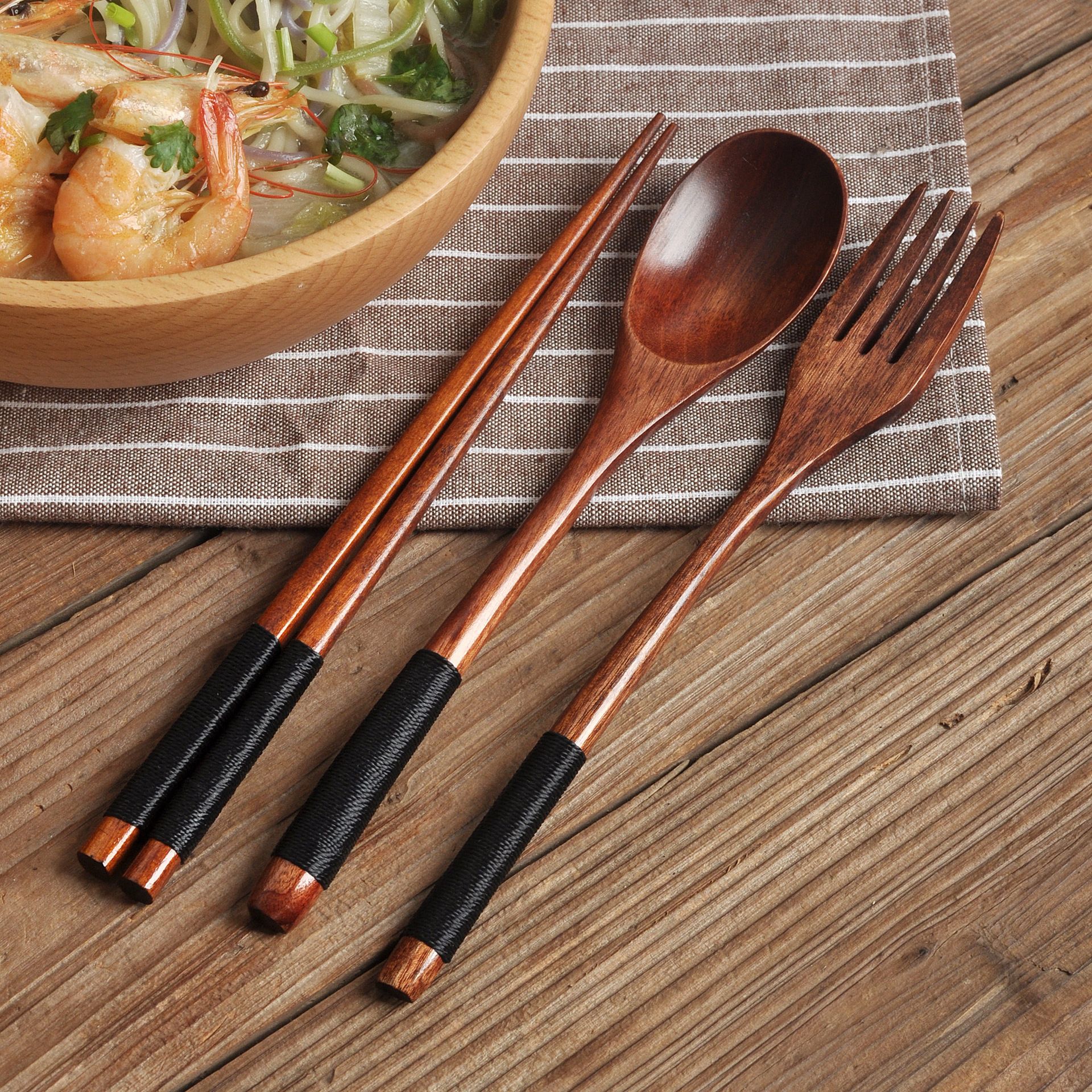 3pcs Natural Wood Spoon Chopsticks And Fork Dinner Set Rice Soup Tableware Grain Handmade Household Tableware Cutlery Set E-1164