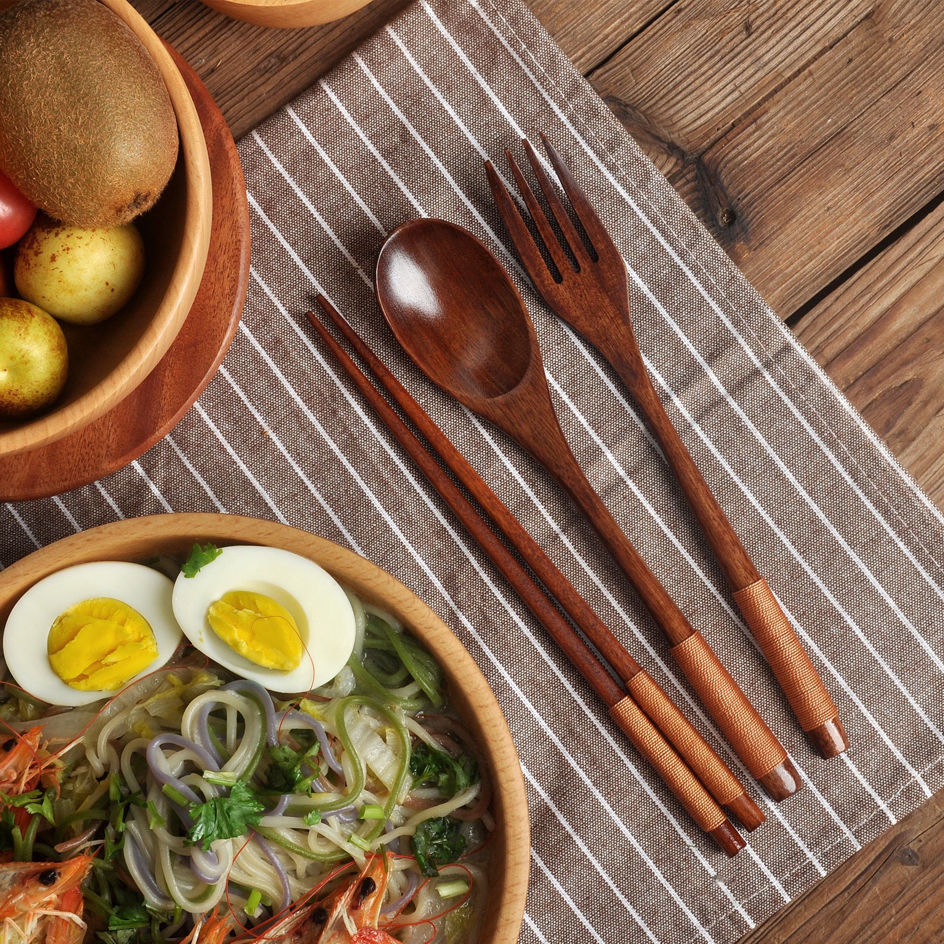 3pcs Natural Wood Spoon Chopsticks And Fork Dinner Set Rice Soup Tableware Grain Handmade Household Tableware Cutlery Set E-1164