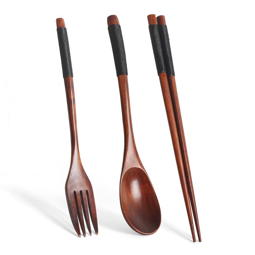 3pcs Natural Wood Spoon Chopsticks And Fork Dinner Set Rice Soup Tableware Grain Handmade Household Tableware Cutlery Set E-1164