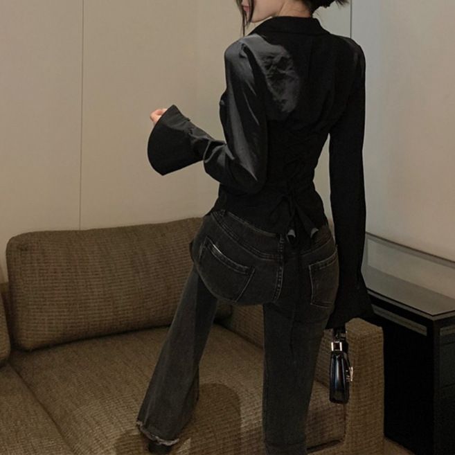 Fashion Women Bandage Shirts Korean All Match Streetwear Female Slim Blouse Spring Casual White Bell Sleeve Shirt New