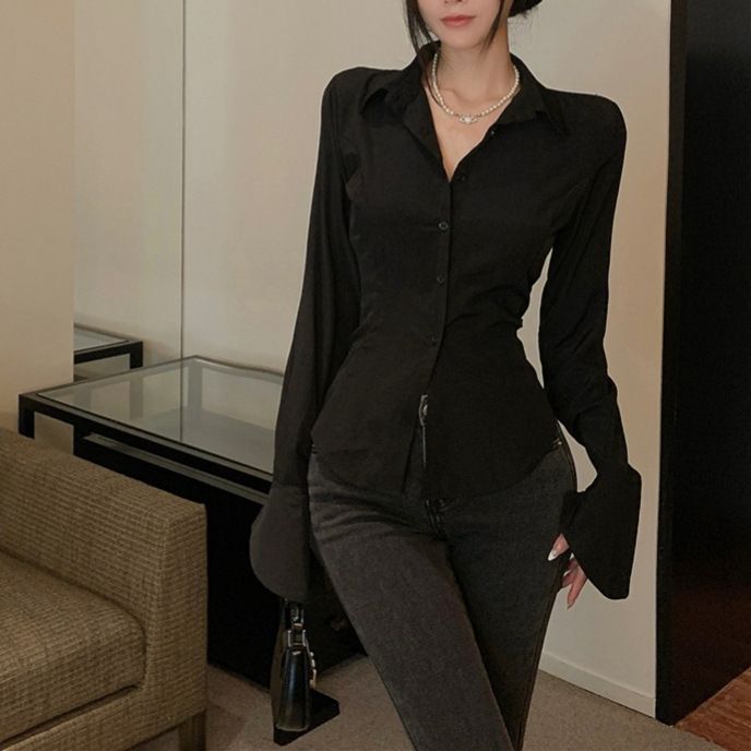 Fashion Women Bandage Shirts Korean All Match Streetwear Female Slim Blouse Spring Casual White Bell Sleeve Shirt New