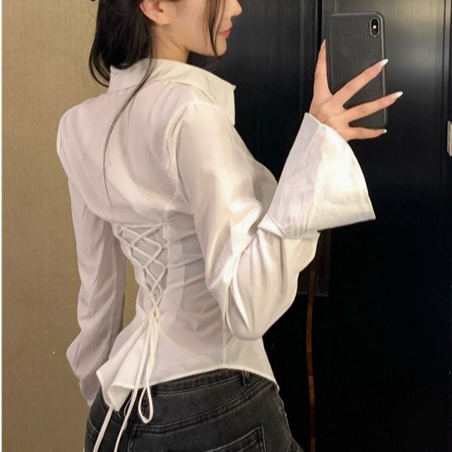 Fashion Women Bandage Shirts Korean All Match Streetwear Female Slim Blouse Spring Casual White Bell Sleeve Shirt New