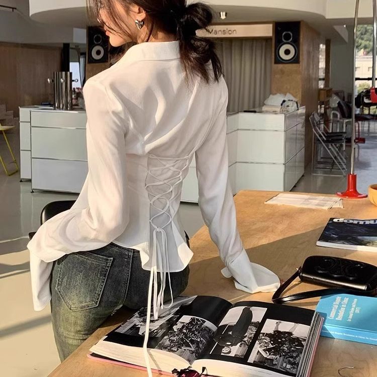 Fashion Women Bandage Shirts Korean All Match Streetwear Female Slim Blouse Spring Casual White Bell Sleeve Shirt New