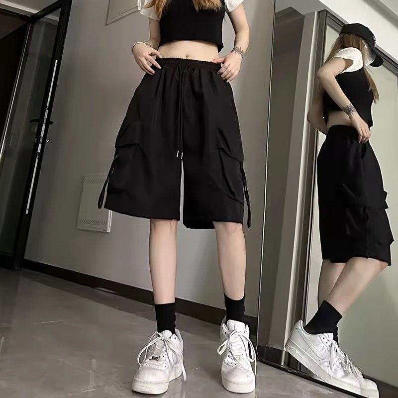 Gidyq Women High Waist Cargo Shorts American Style Streetwear Summer Wide Leg Pants Fashion Female Big Pocket Loose Shorts New