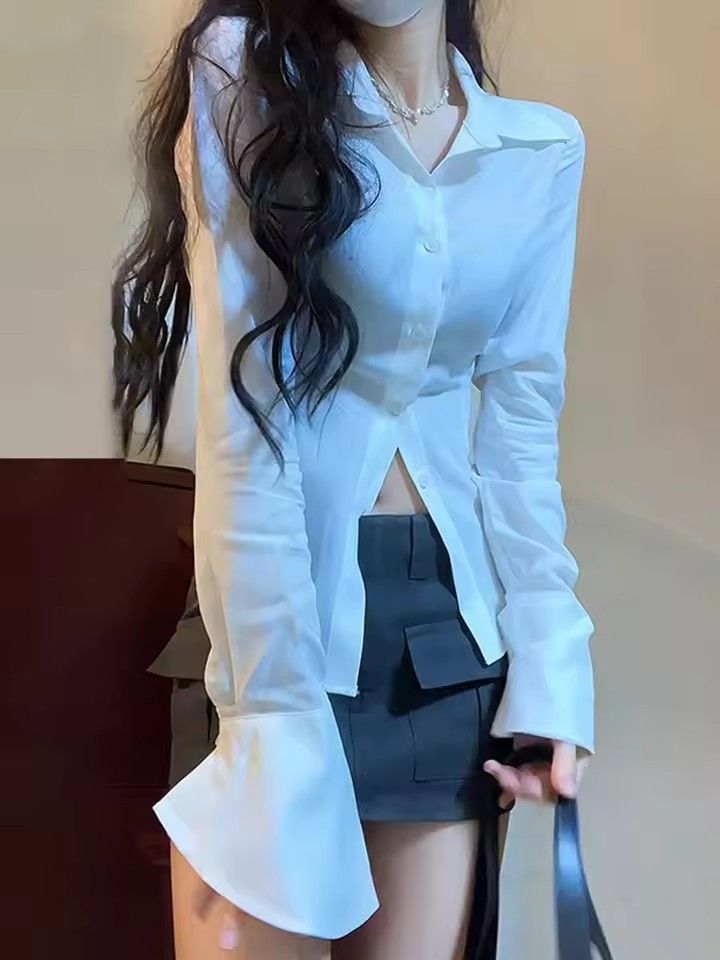 Fashion Women Bandage Shirts Korean All Match Streetwear Female Slim Blouse Spring Casual White Bell Sleeve Shirt New
