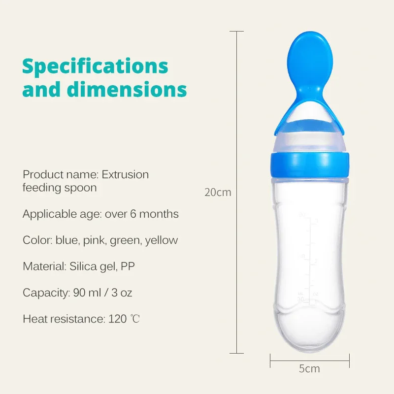 90ml Silicone Baby Feeding Bottle With Spoon Food Supplement Rice Cereal Bottle Baby Squeeze Spoon Silica Gel Spoon M--35