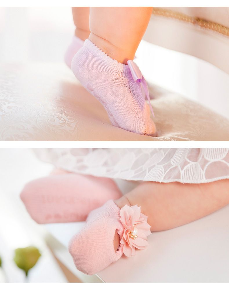 3 Pairs/lot New Baby Cotton Lace Flower Bow Tie Anti-slip Children Floor Socks Cotton Breathable Spring Summer Newborn Socks F3-50
