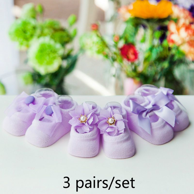 3 Pairs/lot New Baby Cotton Lace Flower Bow Tie Anti-slip Children Floor Socks Cotton Breathable Spring Summer Newborn Socks F3-50