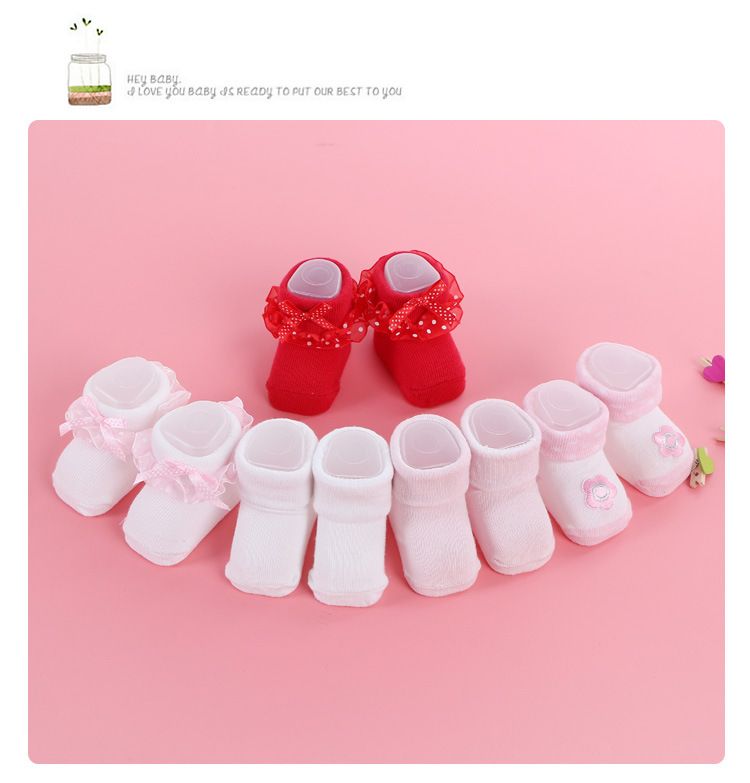 1pair Cute Toddlers Infants Cotton Ankle Bow Socks Baby Girls Princess Lace Floral Shoes Socks for 0-12 Months Kids F3-24
