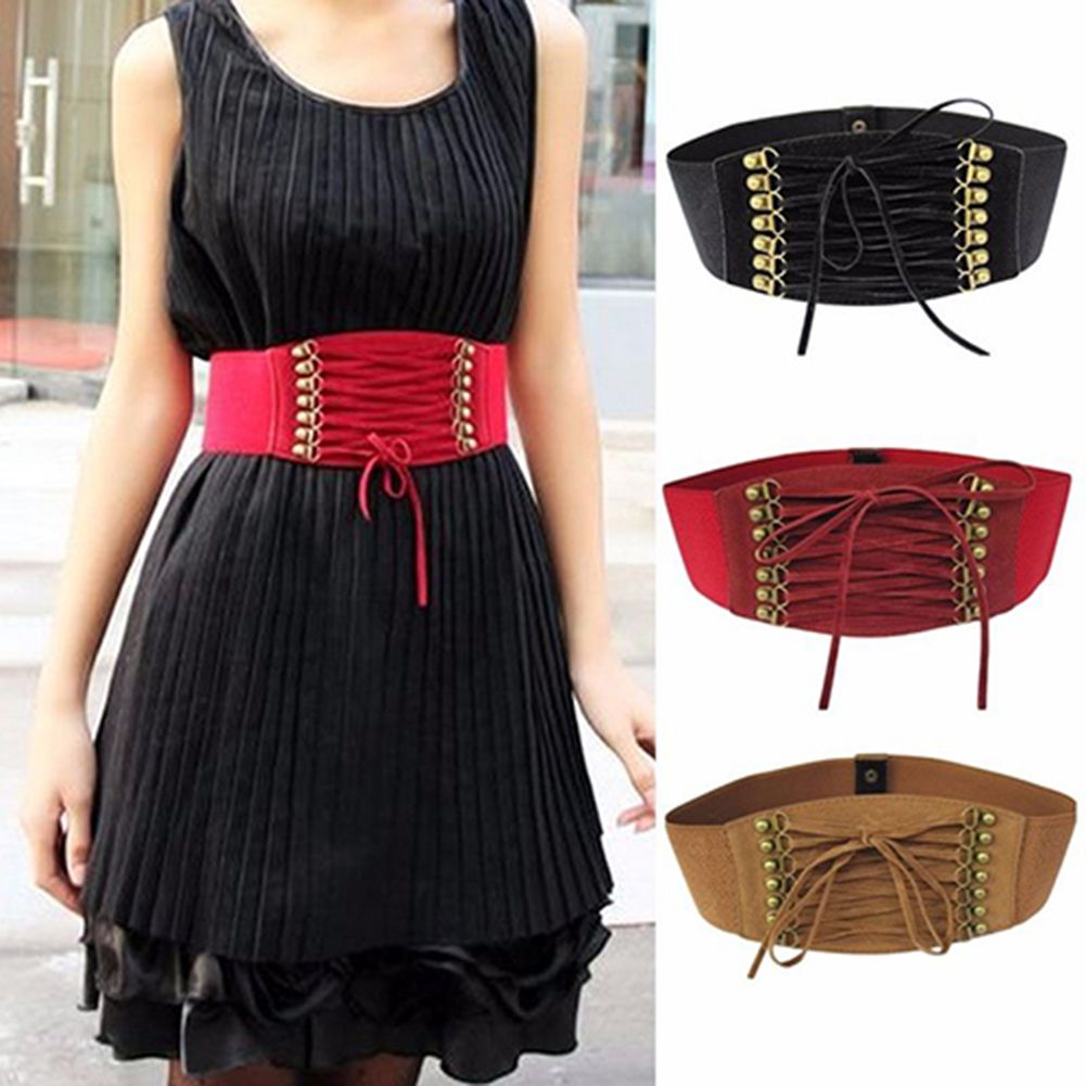 Women Fashion Wide Elastic Stretch Belt Tassel Lace Up Corset Waist Waistband E-3