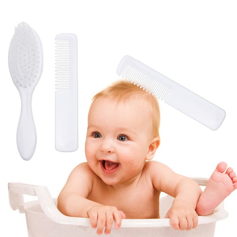 2Pcs White Safety Soft Baby Hair Brush Set Infant Comb Grooming Shower Design Pack Kit Comb + Baby Brush Set M--40