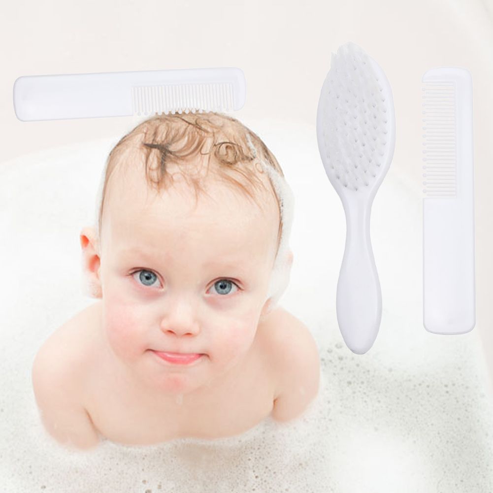 2Pcs White Safety Soft Baby Hair Brush Set Infant Comb Grooming Shower Design Pack Kit Comb + Baby Brush Set M--40