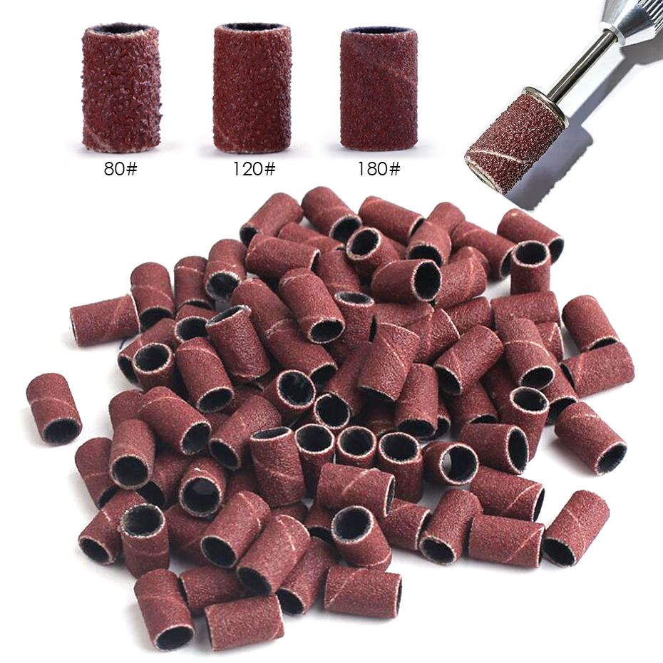 100pcs/Bag Sanding Cap Bands For Electric Manicure Machine 180/120/80 Grit Nail Drill Grinding Bit Files Pedicure Tool Set &E-1207