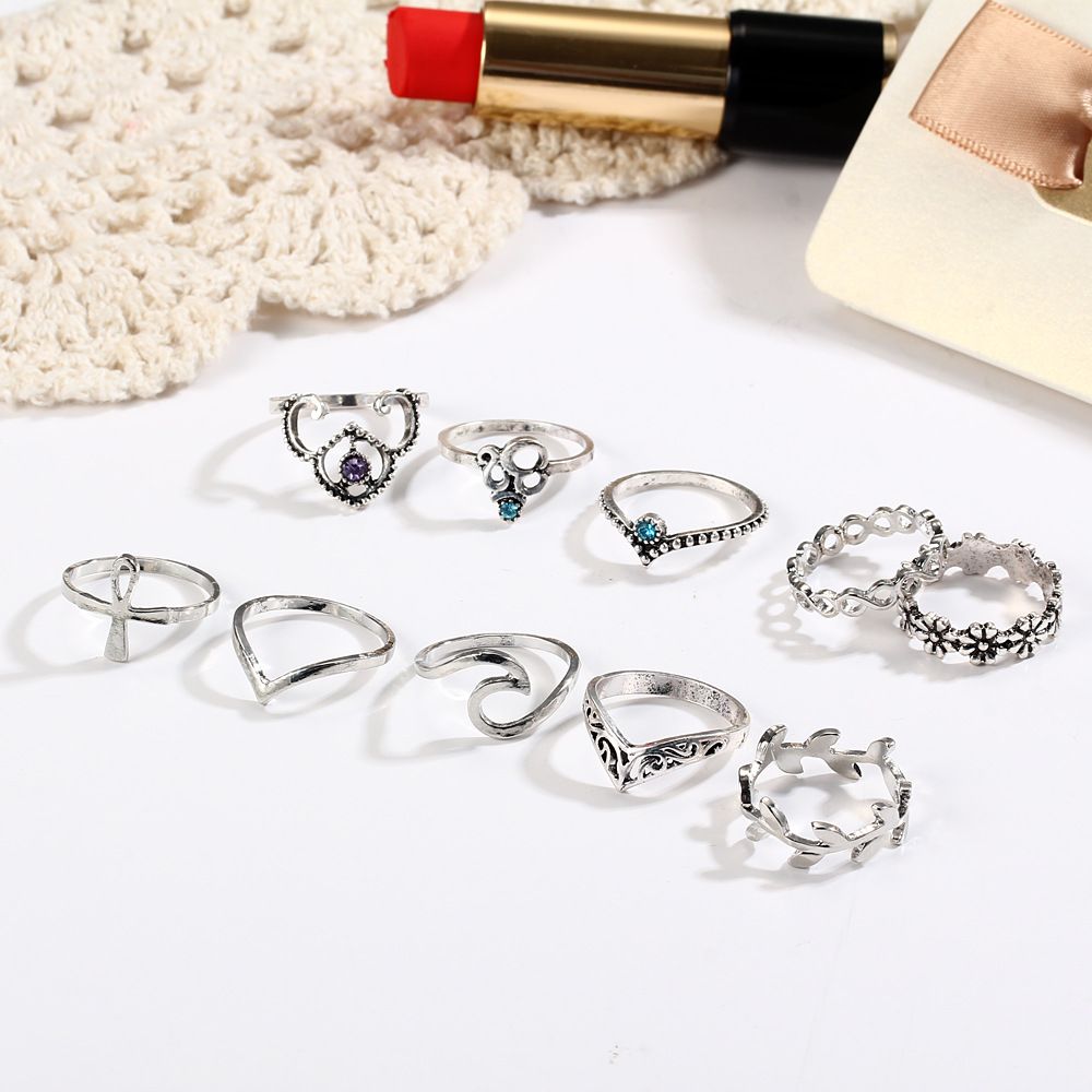10 Pcs/set Gold Silver Bohemian Fatima's Hand Spiral Diamond Gem Finger Knuckle Rings Jewelry Gift JZT 25
