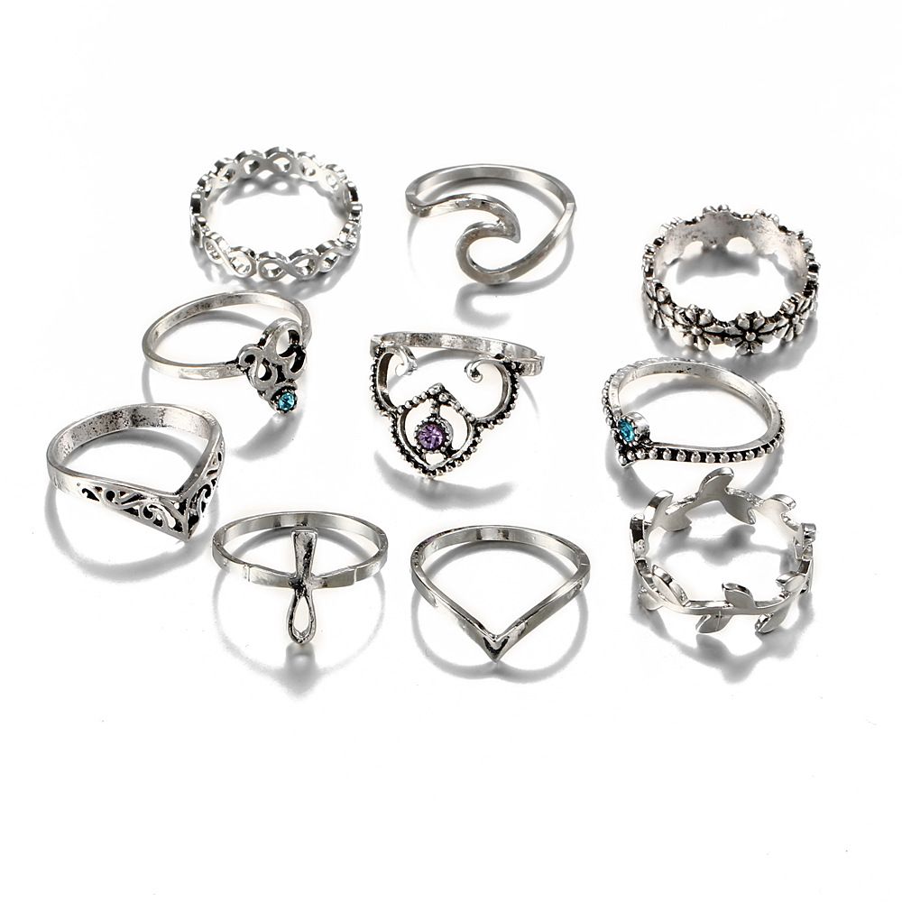 10 Pcs/set Gold Silver Bohemian Fatima's Hand Spiral Diamond Gem Finger Knuckle Rings Jewelry Gift JZT 25