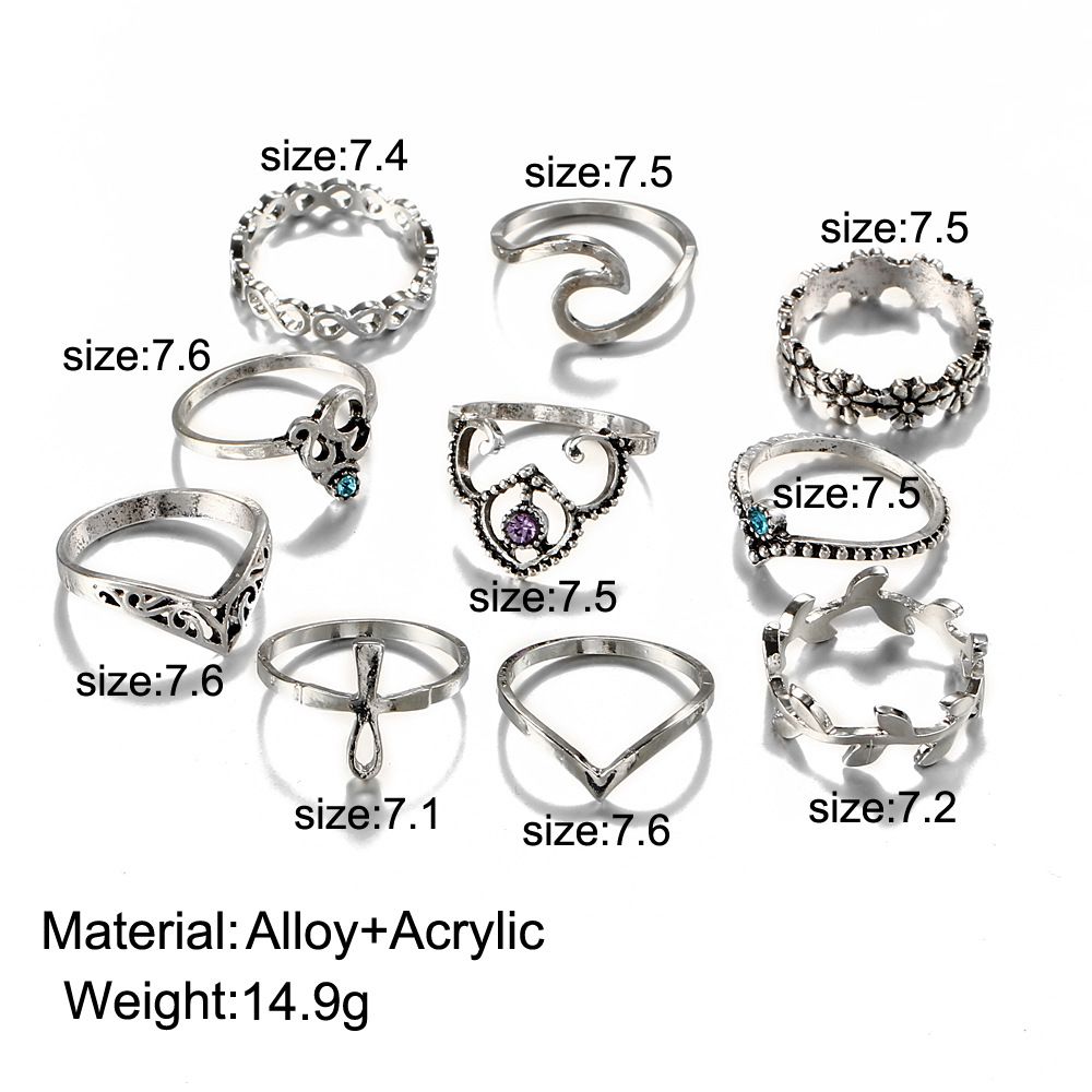 10 Pcs/set Gold Silver Bohemian Fatima's Hand Spiral Diamond Gem Finger Knuckle Rings Jewelry Gift JZT 25