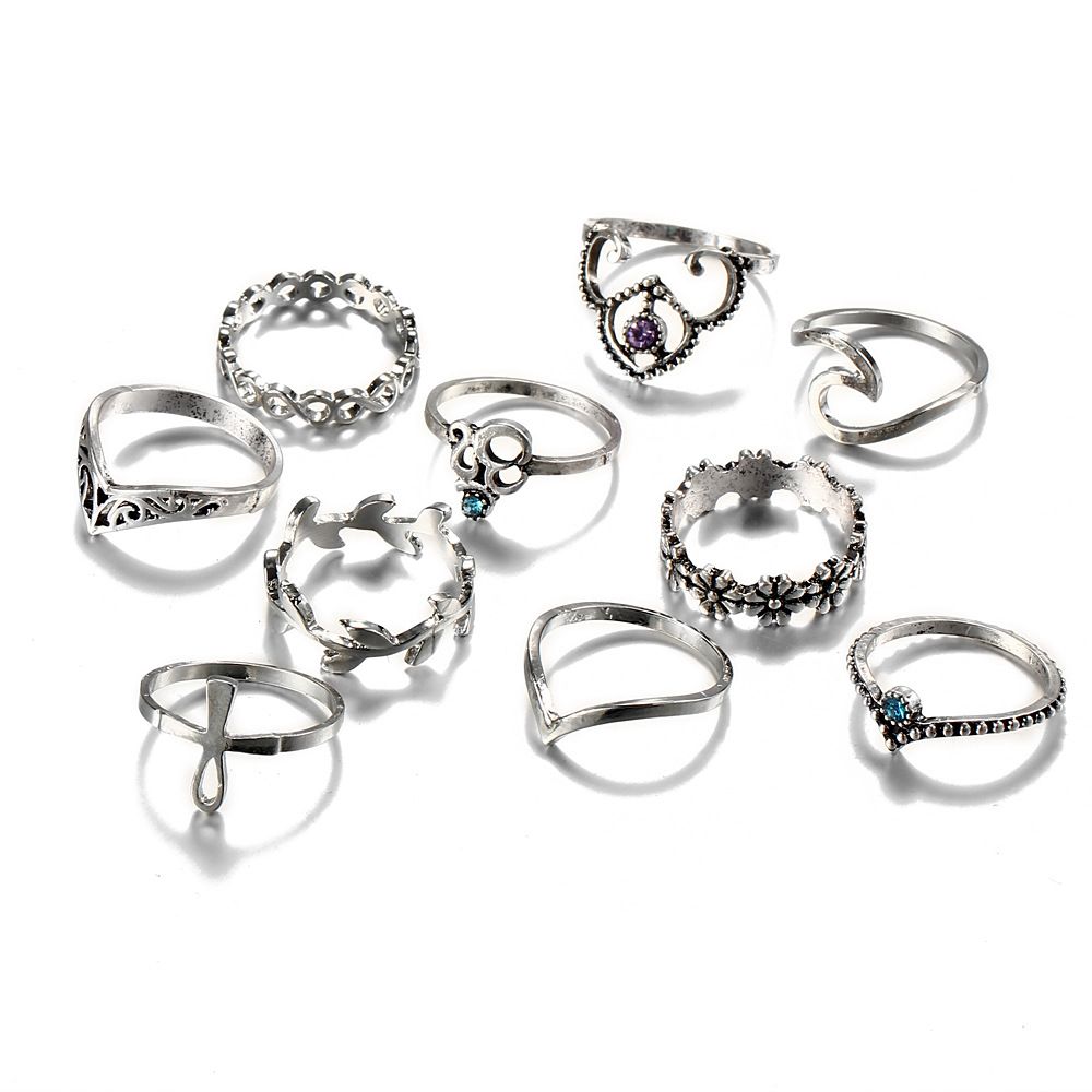 10 Pcs/set Gold Silver Bohemian Fatima's Hand Spiral Diamond Gem Finger Knuckle Rings Jewelry Gift JZT 25