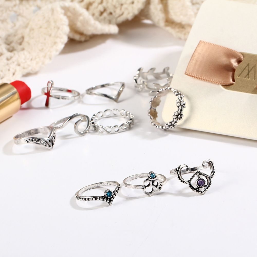 10 Pcs/set Gold Silver Bohemian Fatima's Hand Spiral Diamond Gem Finger Knuckle Rings Jewelry Gift JZT 25