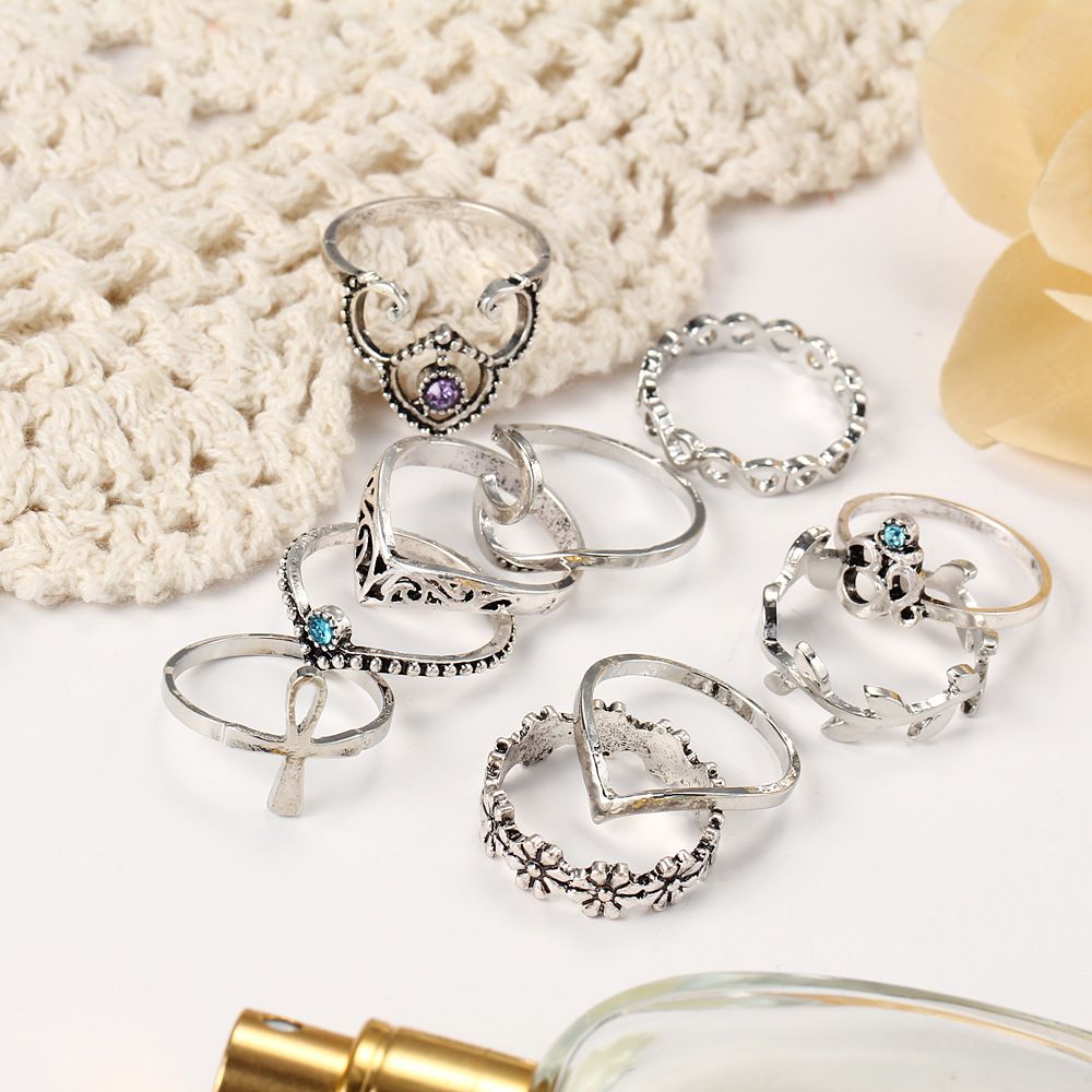 10 Pcs/set Gold Silver Bohemian Fatima's Hand Spiral Diamond Gem Finger Knuckle Rings Jewelry Gift JZT 25