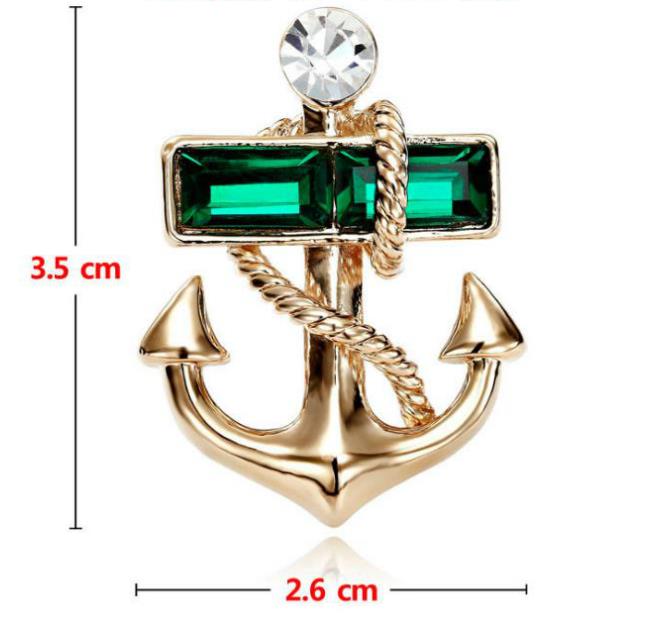 Vinnie Design Jewelry Navy Style Pirates Anchor Shape Gold-Color Crystal Brooch Pins For Women Men Suit Boutonniere Accessories A-39