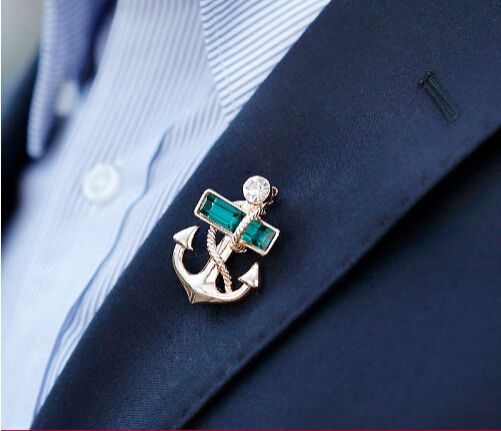 Vinnie Design Jewelry Navy Style Pirates Anchor Shape Gold-Color Crystal Brooch Pins For Women Men Suit Boutonniere Accessories A-39