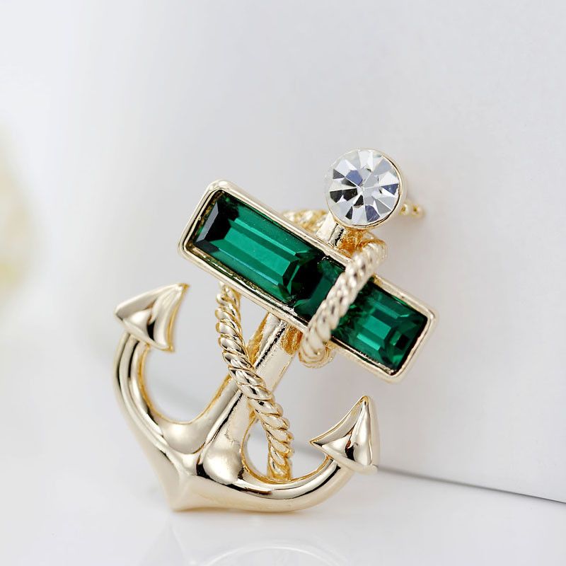 Vinnie Design Jewelry Navy Style Pirates Anchor Shape Gold-Color Crystal Brooch Pins For Women Men Suit Boutonniere Accessories A-39