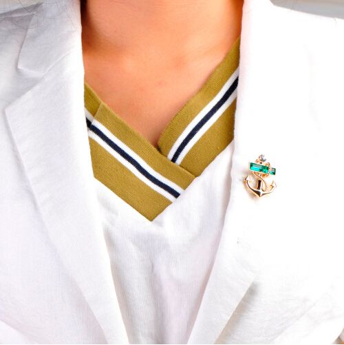 Vinnie Design Jewelry Navy Style Pirates Anchor Shape Gold-Color Crystal Brooch Pins For Women Men Suit Boutonniere Accessories A-39