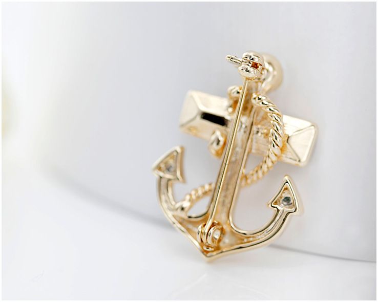 Vinnie Design Jewelry Navy Style Pirates Anchor Shape Gold-Color Crystal Brooch Pins For Women Men Suit Boutonniere Accessories A-39