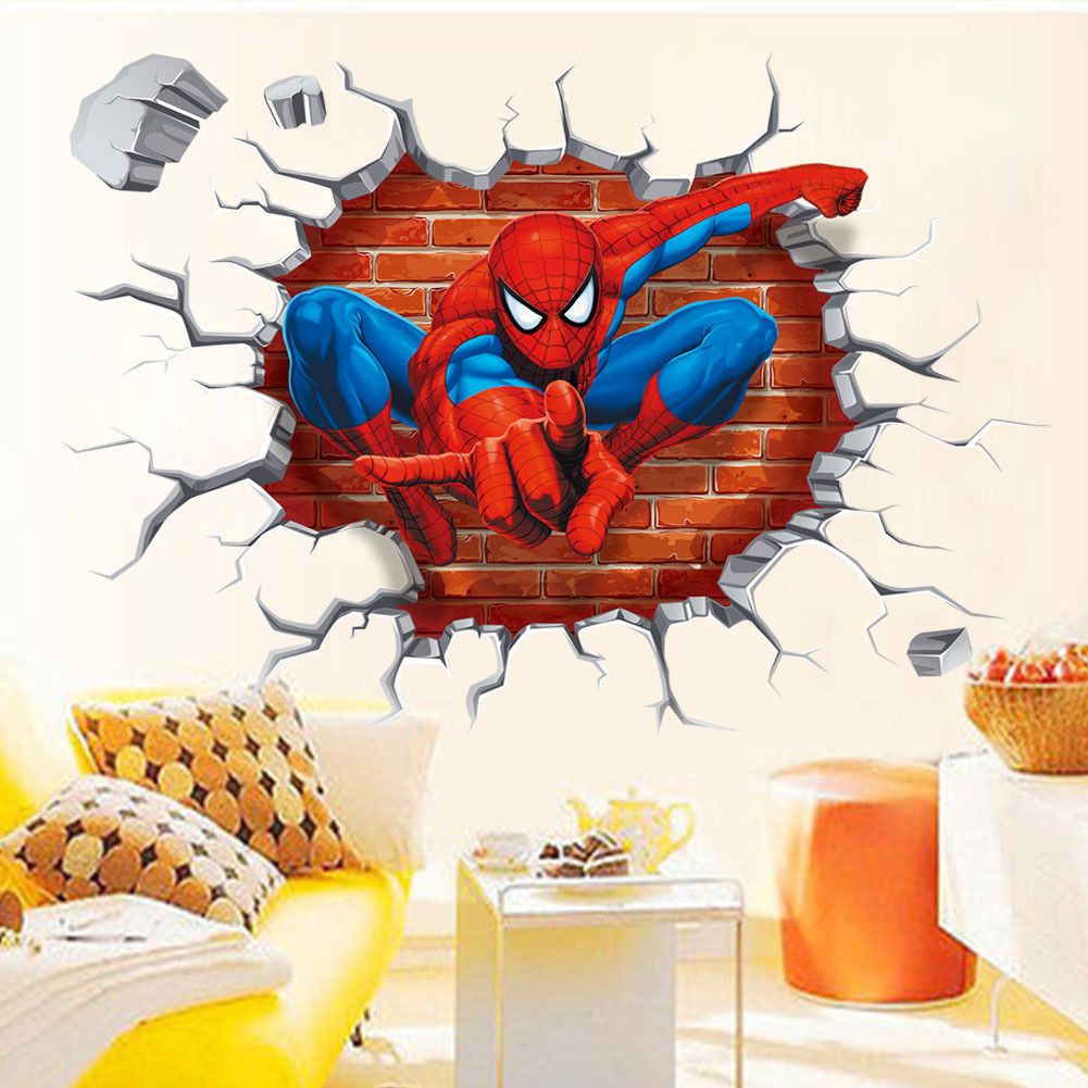 Hot 3D Famous cartoon movie spiderman wall stickers for kids rooms boys gifts through wall decals home decor mural 45*50cm &