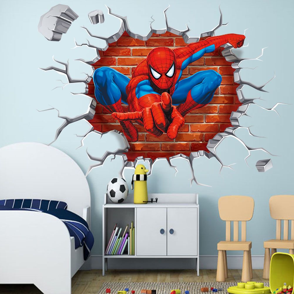 Hot 3D Famous cartoon movie spiderman wall stickers for kids rooms boys gifts through wall decals home decor mural 45*50cm &
