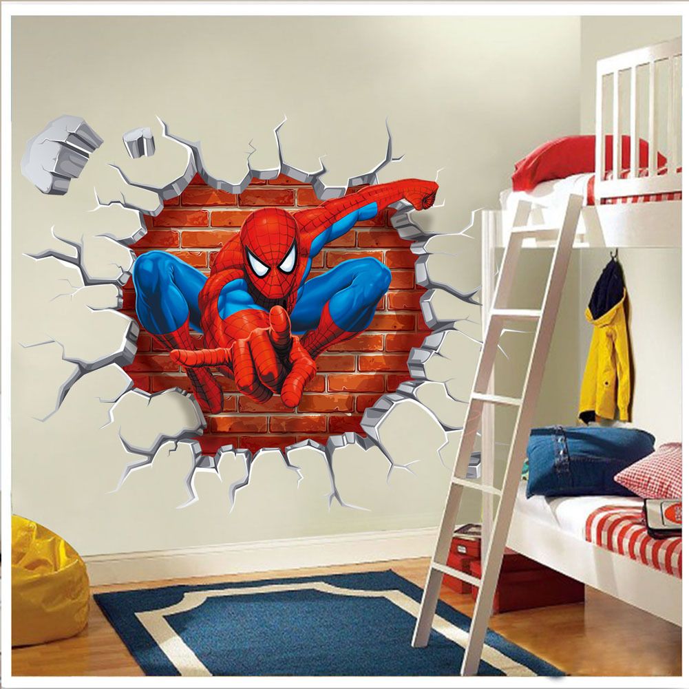 Hot 3D Famous cartoon movie spiderman wall stickers for kids rooms boys gifts through wall decals home decor mural 45*50cm &