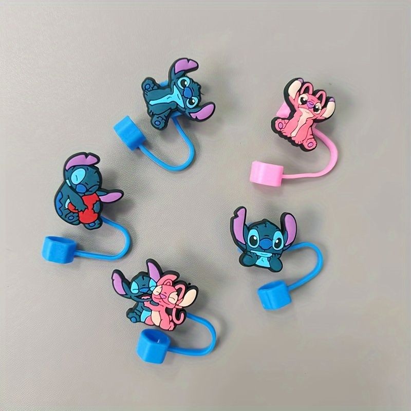 5pcs Whimsical Silicone Straw Toppers with Random Stitch Charms - Compatible with Stanley Tumbler Cups C-541