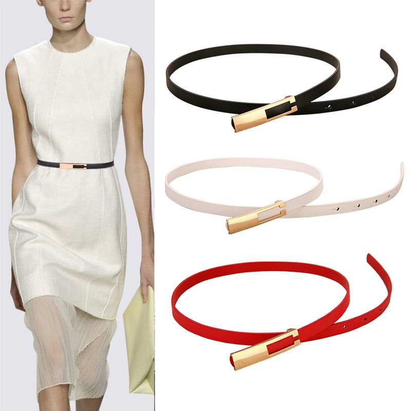 Metal Buckle Thin Belt Fashion Wild Women Leather Belt Black White Red Straps Waistband Female Dress Accessories &