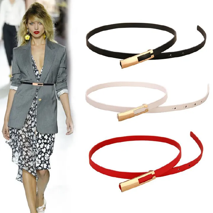 Metal Buckle Thin Belt Fashion Wild Women Leather Belt Black White Red Straps Waistband Female Dress Accessories &