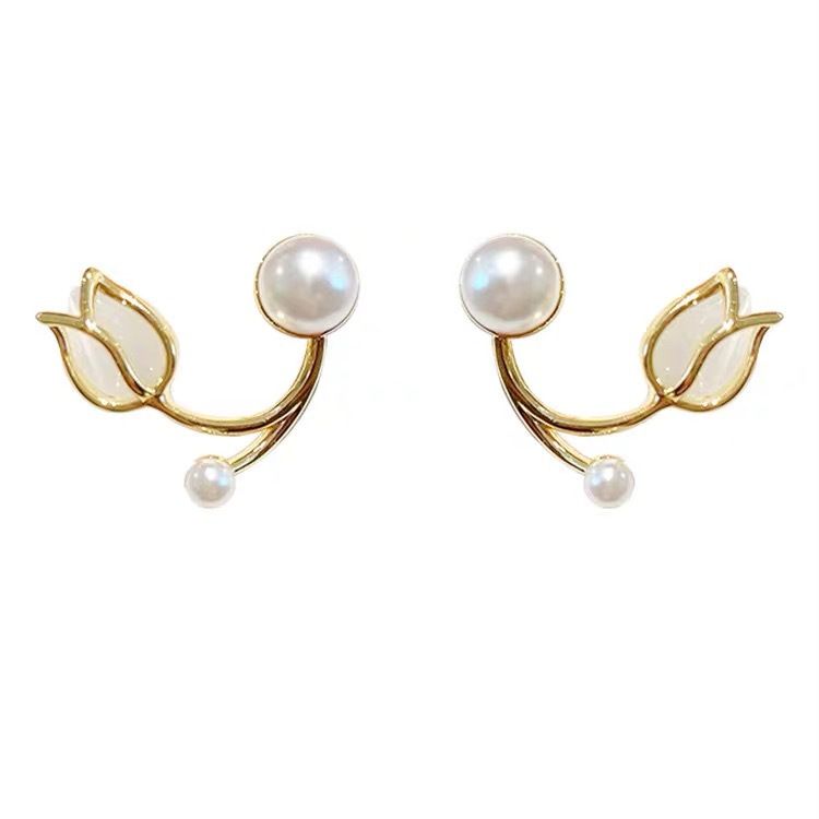 1 pair  S925 Silver Needle Tulip Earrings Female Design Sense French Flower High Grade Cat's Eye Stone Pearl Earrings Earrings A-1838
